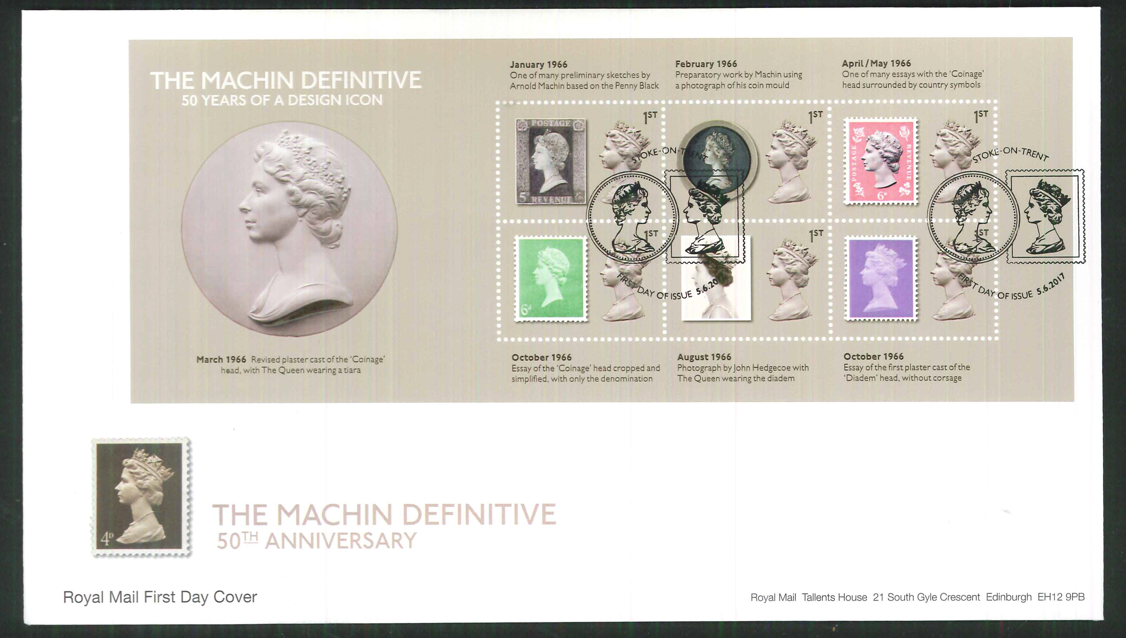 2017 - First Day Cover Machin Mini Sheet 6 1st FDI Stoke on Trent Postmark